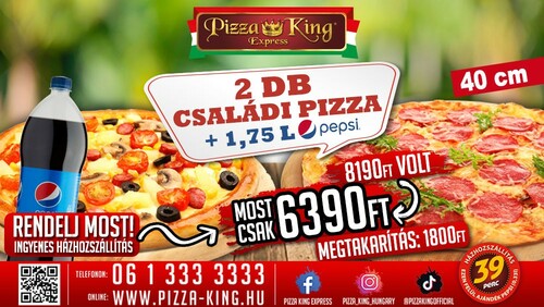 Pizza King 7 - 2 darab Családi pizza 1,75 literes Pepsivel - Szuper ajánlat - Online rendelés